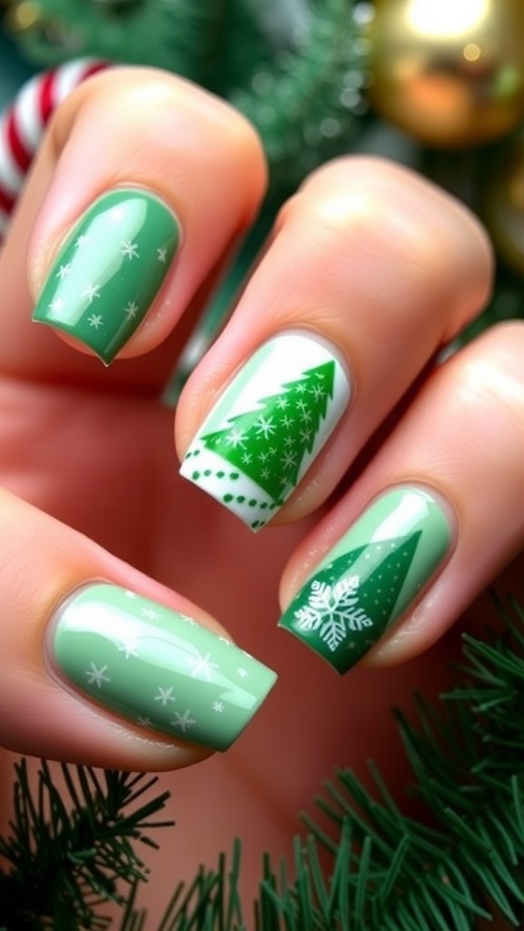 Natural Green Christmas Nail Art Natural green Christmas nails with festive designs on a holiday-themed background.